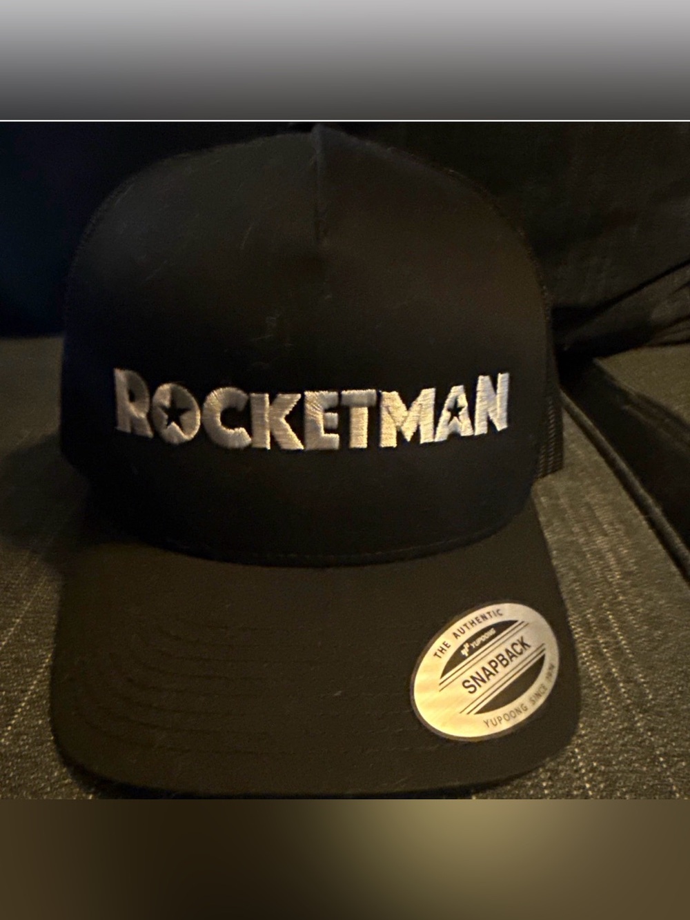 ROCKETMAN Black Snapback Hat with White Embroidered Logo RARE